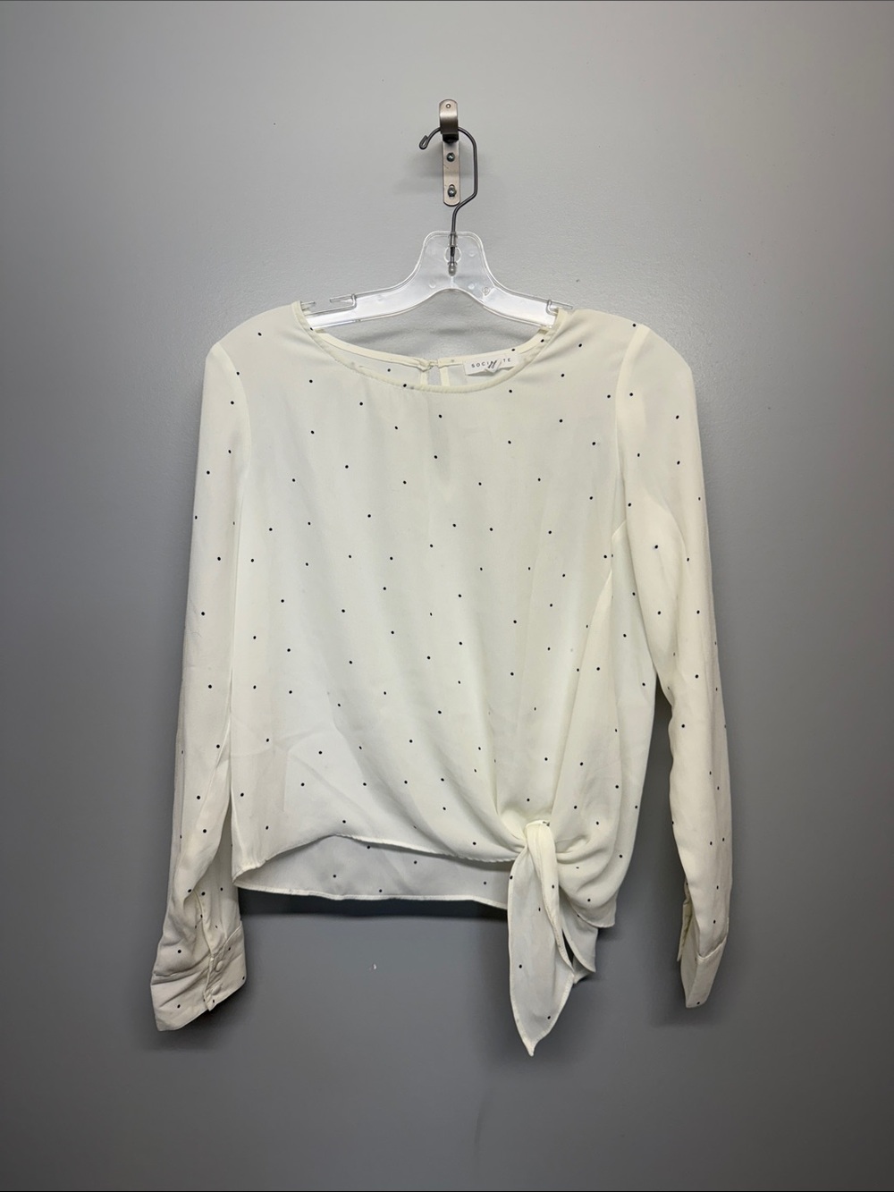 Socialite Ivory Long-Sleeve Sheer Tie-Front Polka Dot Blouse